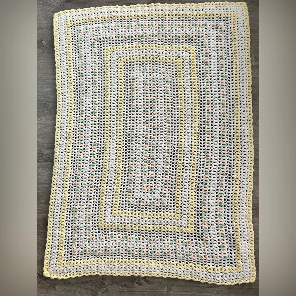 Crocheted Baby Afghan Blanket throw pastel yellow white 52” x 38”